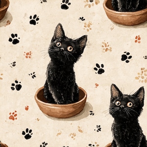 Può includere: Illustrazione di un motivo senza cuciture con gattini neri in ciotole marroni, circondati da impronte di zampe. I gattini hanno occhi giallo brillante e sono su uno sfondo beige. Le impronte di zampe sono nere, marroni e arancioni.