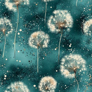 Op de afbeelding: Een turquoise achtergrond met een patroon van witte paardenbloemzaden. De zaadhoofden hebben een pluizig, getextureerd uiterlijk. De achtergrond heeft een gespikkeld effect met witte en gouden accenten, wat een dromerige, artistieke uitstraling creëert.