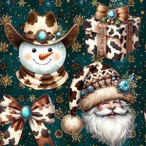 Puede incluir: Ilustración digital festiva con un muñeco de nieve con sombrero de vaquero, una caja de regalo, un lazo y Papá Noel, todos adornados con un estampado de piel de vaca y detalles turquesa. El fondo es verde azulado oscuro con copos de nieve dorados.