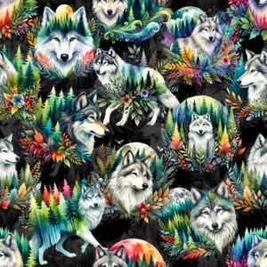 May include: A repeating pattern featuring watercolour illustrations of wolves, each surrounded by colourful foliage and trees. The wolves have varying shades of grey and white fur, with some incorporating forest imagery. The background is black.