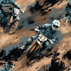 Może przedstawiać: Dynamiczna ilustracja wyścigów motocrossowych. Jeźdźcy w kaskach i sprzęcie ścigają się na motocyklach, wzbijając kurz. Paleta kolorów obejmuje odcienie brązu, błękitu i czerni, oddając energię sportu. Obraz przedstawia ekscytujący wyścig.