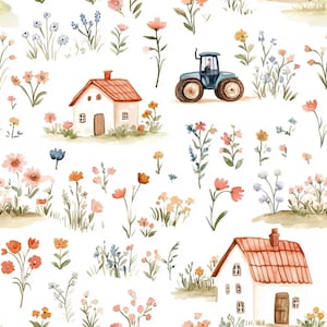Può includere: Illustrazione ad acquerello con un motivo ripetuto di un trattore blu, case bianche con tetti arancioni e fiori selvatici colorati. Il design ha un tema pastorale stravagante, con uno stile artistico morbido.