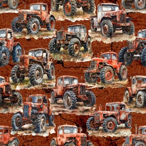 Può includere: Un motivo ripetuto di trattori vintage arancioni arrugginiti su sfondo marrone. I trattori, di design e dimensioni variabili, hanno pneumatici grandi e dettagli visibili. Il tema generale suggerisce un'estetica rustica o agricola.