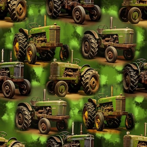 Può includere: Un motivo ripetuto di trattori verdi vintage con ruote e accenti gialli. I trattori sono ambientati su uno sfondo di tonalità verdi e marroni, creando un tema rustico e agricolo. L'immagine è un design senza soluzione di continuità.