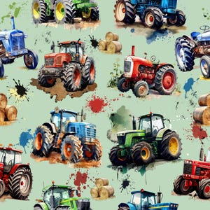 Può includere: Motivo ripetuto di trattori colorati, rossi, blu e verdi, con balle di fieno e schizzi di vernice su sfondo verde chiaro. I trattori, con grandi ruote, sono rappresentati in stile acquerello, creando un'atmosfera campestre.