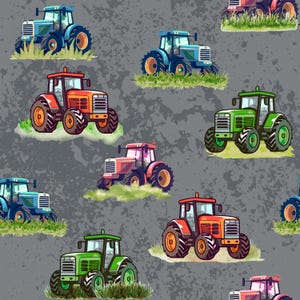 Può includere: Motivo ripetuto di trattori colorati in varie tonalità di blu, rosso, arancione e verde. I trattori sono raffigurati su uno sfondo grigio strutturato, alcuni su zolle d'erba. Adatto per tessuto o carta da parati, con un tema rurale.