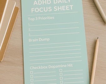 ADHD Daily Focus Sheet | Printable PDF Planner Page | Neurodivergent Productivity Tool | Brain Dump + Dopamine Checklist | Digital Download