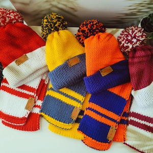 Handmade Knitted Scarf and Hat set for kids &quot;Lines&quot; Winter set for kids Hat and Scarf for Girls and Boys Soft Scarf Cozy Hat with Pompom