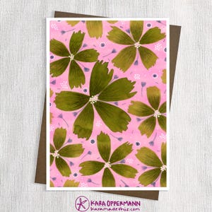 Cartes de voeux vierges de 5 x 7 po., fleurs vert armée, cartes toutes occasions, fleurs abstraites, papier d'archives, enveloppe recyclée, encadrées, faites main