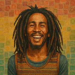 Sello de retrato de reggae imprimible único, decoración de pared con collage rasta vintage, póster de rastas sonrientes, descarga digital inspirada en la música.