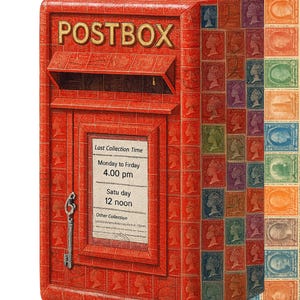 Vintage brievenbusstempelmozaïek – Afdrukbare rode brievenbuskunst – postzegelcollage muurdecoratie – Royal Mail-geïnspireerd kunstwerk