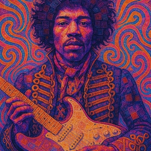 Arte de sellos psicodélico de Jimi Hendrix: vibrante retrato retro con remolinos eléctricos