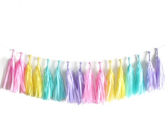ENCHANTED Tissue Tassel Garland Kit :  Lavender, Light Yellow, Aqua, Pink - DIY Tassel Garland, Baby Shower, Girl's Birthday, Princess Party