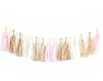 Tissue Tassel Garland Kit - Blushing : Blush Pink, Off White, Kraft, White, DIY Bridal Shower Bunting, Wedding, Garland, Paper Tassels