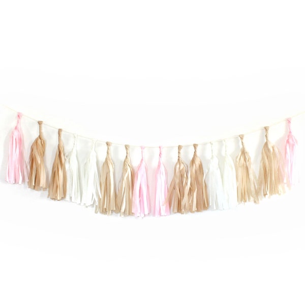 Tissue Tassel Garland Kit - Blushing : Blush Pink, Off White, Kraft, White, DIY Bridal Shower Bunting, Wedding, Garland, Paper Tassels