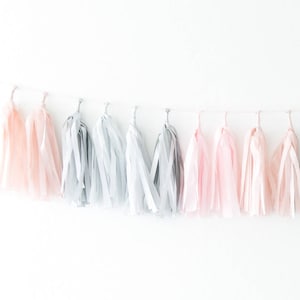 Tissue Tassel Garland Kit - Pink Quartz : Blush Pink, Sand, Metallic Silver, Mist - DIY Tassel Garland, Baby Decorations,  Girl Baby Shower