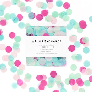May include: A box of confetti with approximately 800 pieces of 3/4 inch round tissue confetti in pink, blue, and white. The box has the text "the FLAIR EXCHANGE CONFETTI" on it.