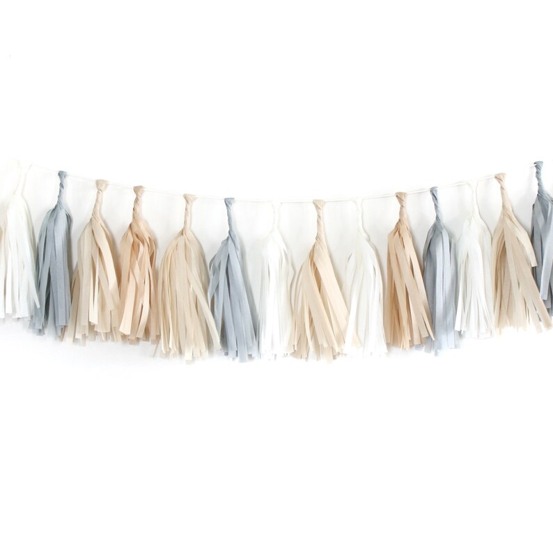 Tissue Tassel Garland Kit Natural : Off White, Gray, Kraft, White DIY Party Decorations, Tissue Paper Tassels, Birthday Party Banner image 2