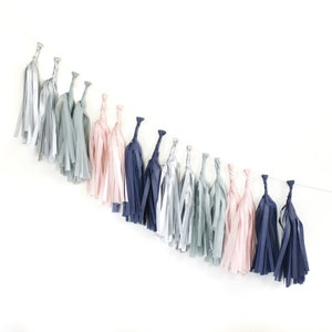 GENDER REVEAL Tissue Tassel Garland Kit - Sapphire: Navy, Sand, Gray, Metallic Silver