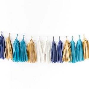 Tissue Tassel Garland Kit - Indigo : Navy Blue, Oatmeal, Metallic Gold, Bright Blue, Birthday Party Banner, Boy&#39;s Birthday Garland, Tassels