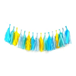 POOLSIDE Tissue Tassel Garland Kit : Yellow, Aqua, Powder Blue, Oxford Blue - DIY Party Decorations, Boys Birthday Party, Bunting, Decor