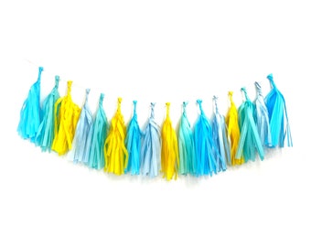 POOLSIDE Tissue Tassel Garland Kit : Yellow, Aqua, Powder Blue, Oxford Blue - DIY Party Decorations, Boys Birthday Party, Bunting, Decor