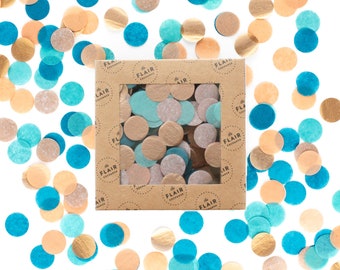 Confettis écologiques - Pueblo : sarcelle, bleu colonial, saumon, bronze métallique - Confettis ronds, confettis respectueux de l'environnement, confettis ronds