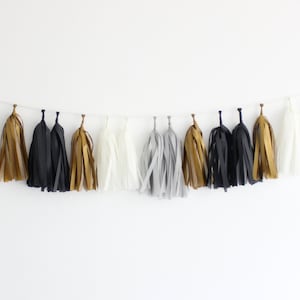 TUXEDO Tissue Tassel Garland Kit : Black, Metallic Gold, White, Gray - New Year&#39;s Eve, Party Garland, Fringe Banner, Tassel Bunting, NYE