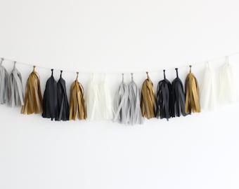 TUXEDO Tissue Tassel Garland Kit : Black, Metallic Gold, White, Gray - New Year's Eve, Party Garland, Fringe Banner, Tassel Bunting, NYE