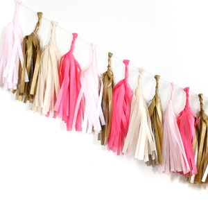 SWEETHEART Tissue Tassel Garland Kit : Azalea Pink, Blush Pink, Metallic Gold, Off White Party Tassels, Tissue Garland, Party Banner image 5