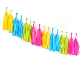 Tissue Tassel Garland Kit - Neon : Hot Pink, Lime Green, Yellow, Turquoise, Party Decorations, Girls Party, Neon Tassels, DIY Paper Tassels
