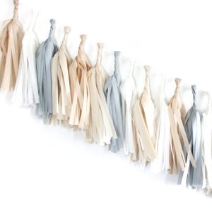 Tissue Tassel Garland Kit Natural : Off White, Gray, Kraft, White DIY Party Decorations, Tissue Paper Tassels, Birthday Party Banner image 1