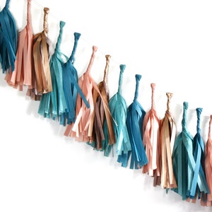 PUEBLO Tissue Tassel Garland Kit : Teal, Colonial Blue, Salmon, Metallic Bronze - Birthday Banner, Boy Party, Tassel Banner, Party Decor,