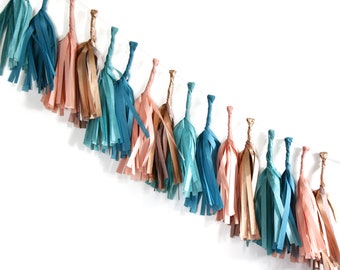 PUEBLO Tissue Tassel Garland Kit : Teal, Colonial Blue, Salmon, Metallic Bronze - Birthday Banner, Boy Party, Tassel Banner, Party Decor,