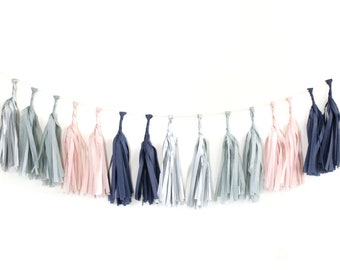 SAPPHIRE Tissue Tassel Garland Kit : Navy, Sand, Gray, Metallic Silver - DIY Tassel Garland, Wedding Decorations,  Bridal Shower