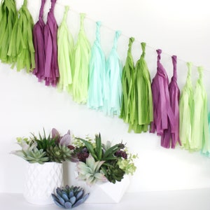 SUCCULENT Tissue Tassel Garland Kit : Oasis Green, Plum, Chartreuse, Mint, Green, DIY Tassel Garland Kit, Boys Birthday, Party Banner image 3