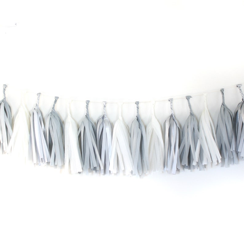 Tissue Tassel Garland Kit Sterling : Gray, Sterling Silver, White, Bridal Shower Tassel Kit, DIY Tissue Paper Tassels, Bridal Decor image 2