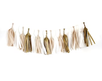 GOLDEN Tissue Tassel Garland Kit : White, Kraft, Metallic Gold - DIY Tissue Paper Tassel Garland Kit, DIY Bunting, Wedding Decorations