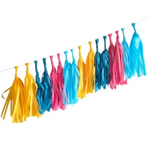 CABANA Tissue Tassel Garland Kit : Golden, Colonial Blue, Azalea, Oxford - DIY Paper Tassels, Birthday Party Decor, Girl&#39;s Party, Pool Party
