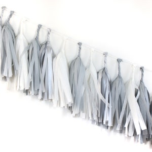 Tissue Tassel Garland Kit Sterling : Gray, Sterling Silver, White, Bridal Shower Tassel Kit, DIY Tissue Paper Tassels, Bridal Decor image 1