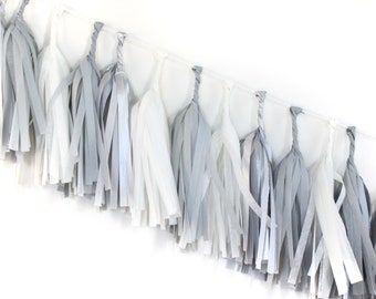 Tissue Tassel Garland Kit - Sterling : Gray, Sterling Silver, White, Bridal Shower Tassel Kit, DIY Tissue Paper Tassels, Bridal Decor