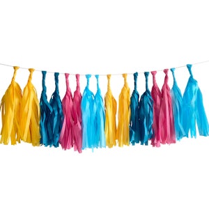 Blue and Pink Tissue Tassel Garland Kit - Cabana - The Flair Exchange - DIY Party Decorations, Tissue Paper Tassel Garland, Party Garland