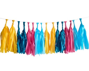 Blue and Pink Tissue Tassel Garland Kit - Cabana - The Flair Exchange - DIY Party Decorations, Tissue Paper Tassel Garland, Party Garland
