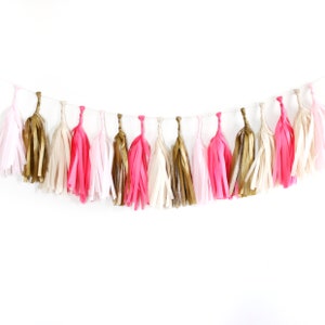 SWEETHEART Tissue Tassel Garland Kit : Azalea Pink, Blush Pink, Metallic Gold, Off White Party Tassels, Tissue Garland, Party Banner image 1