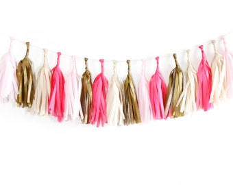 SWEETHEART Tissue Tassel Garland Kit :  Azalea Pink, Blush Pink, Metallic Gold, Off White - Party Tassels, Tissue Garland, Party Banner