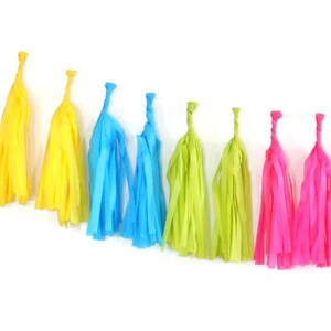 Tissue Tassel Garland Kit Neon : Hot Pink, Lime Green, Yellow, Turquoise, Party Decorations, Girls Party, Neon Tassels, DIY Paper Tassels image 3