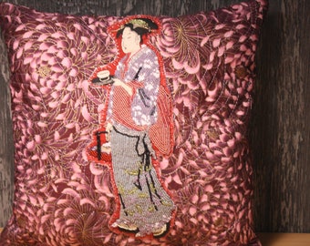 Hand Beaded Asian Motif Pillow - Geisha on Mums