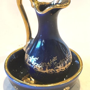 Antique Limoges Gold-Rimmed Bowl and Pitcher from France 1930s