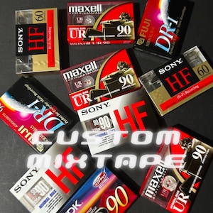 May include: A collection of vintage audio cassette tapes, featuring brands like Sony, Maxell, and Fuji. The tapes are in various colors, including red, black, and gold, with labels indicating recording times and tape type. The words "CUSTOM MIXTAPE" are overlaid on the image.