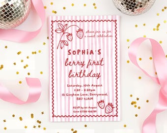 May include: A pink and white striped invitation card with the text "SOPHIA'S berry first birthday". The card features strawberry illustrations and event details. Pink ribbon and disco balls are in the background.